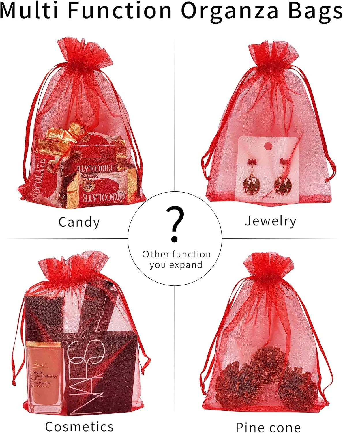 100PCS Red Organza Gift Bags 4X6 Inch Small Mesh Drawstring Gift Bag for Christmas Birthday Party Favor Pouches Jewelry Goodie Candy Candle Bag