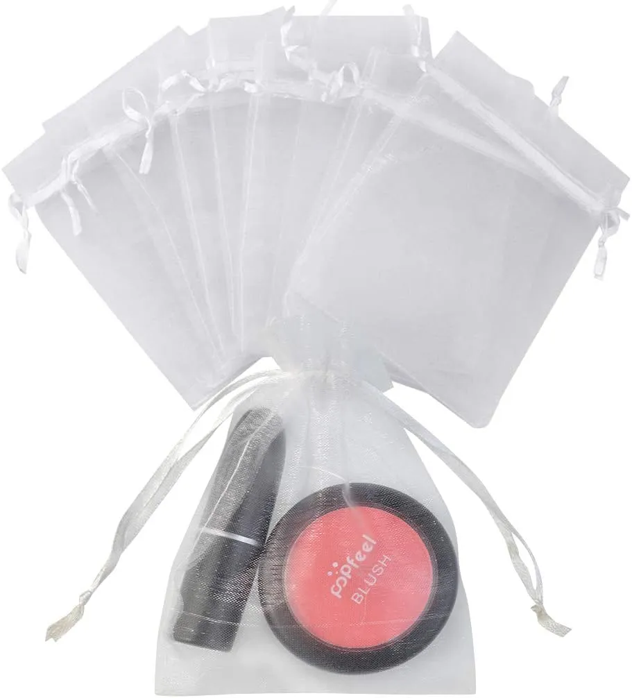 50pcs Organza Bags-Mix Color 3.54''x4.33''(9x11cm) Satin Drawstring Organza Pouch Wedding Party Favor Gift Bag Jewelry Watch Bags (White)
