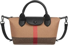 Deluxe Small Size Women's Check Tote Leather and Canvas Contrast Top Handle Mini Waist Bag Everyday Crossbody Bag