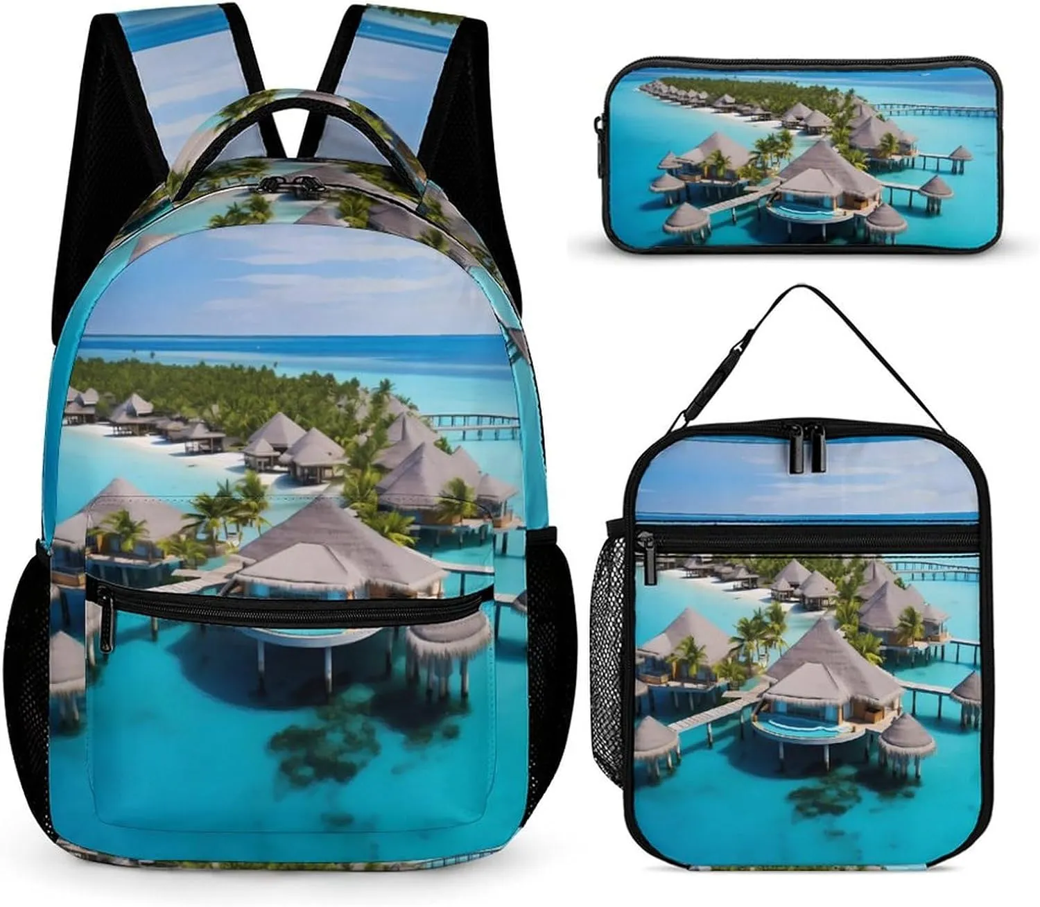 Maldives Islands Backpack 3 Piece Set with Lightweight Daypack Lunch Bag Pencil Case Laptop Bag for Women Men