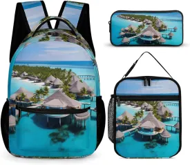 Maldives Islands Backpack 3 Piece Set with Lightweight Daypack Lunch Bag Pencil Case Laptop Bag for Women Men