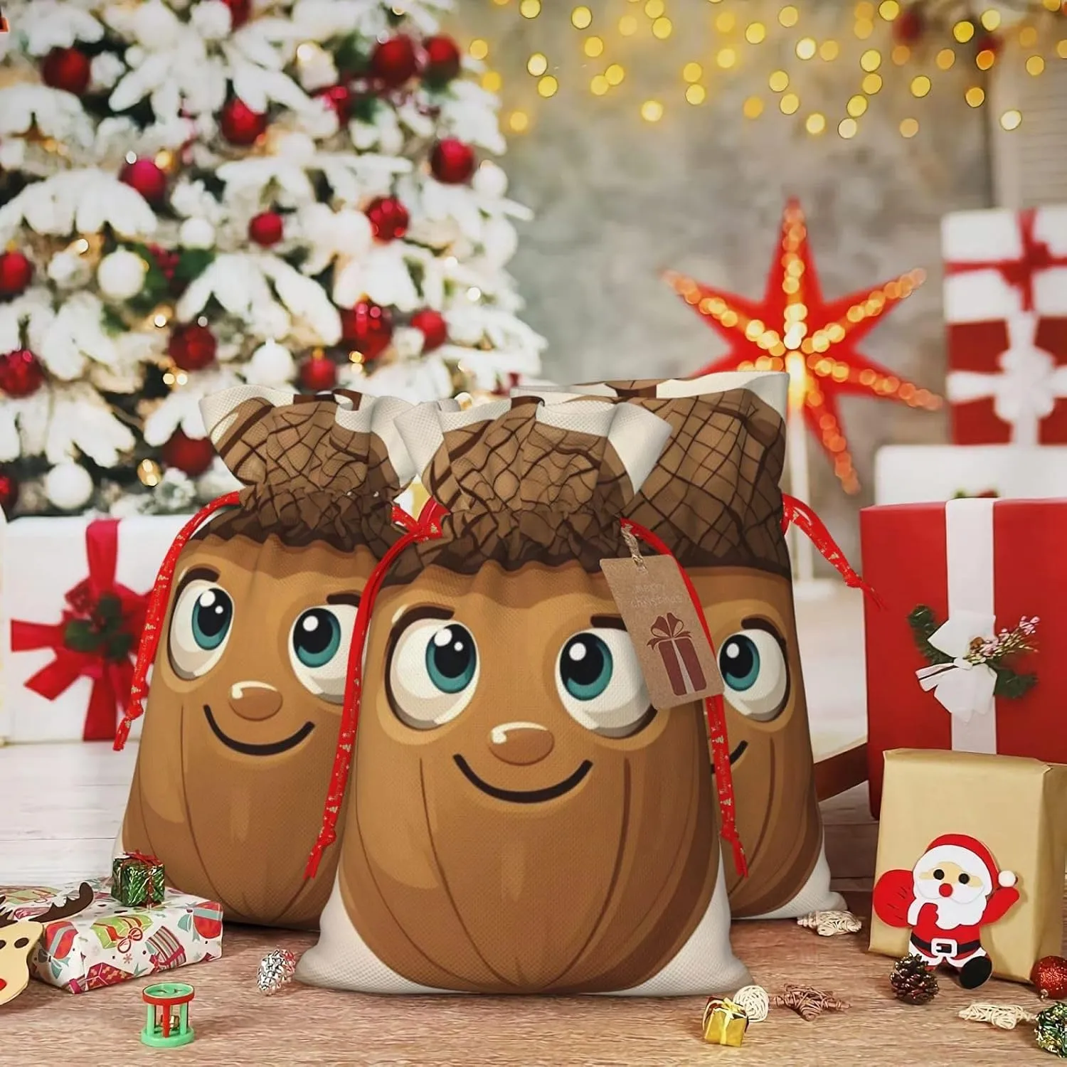 PMQAGNKSMQ Christmas Gift Bag Drawstring Holiday Gift Bag Cartoon Acorn Drawstring Xmas Gift Bag Reusable Line Christmas Treat Bag for Wrapping Party Favor Supply