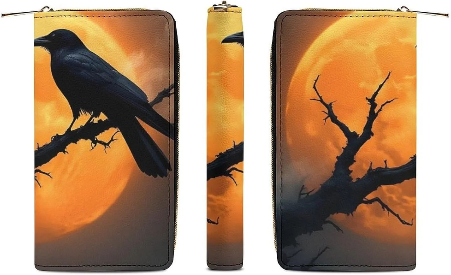 Women's Travel Zipper Purse Fashion Design, Huge Storage Capacity Purse, Cute Decor Wallet, Long PU Wallet Full Moon Black Crow Raven Bird