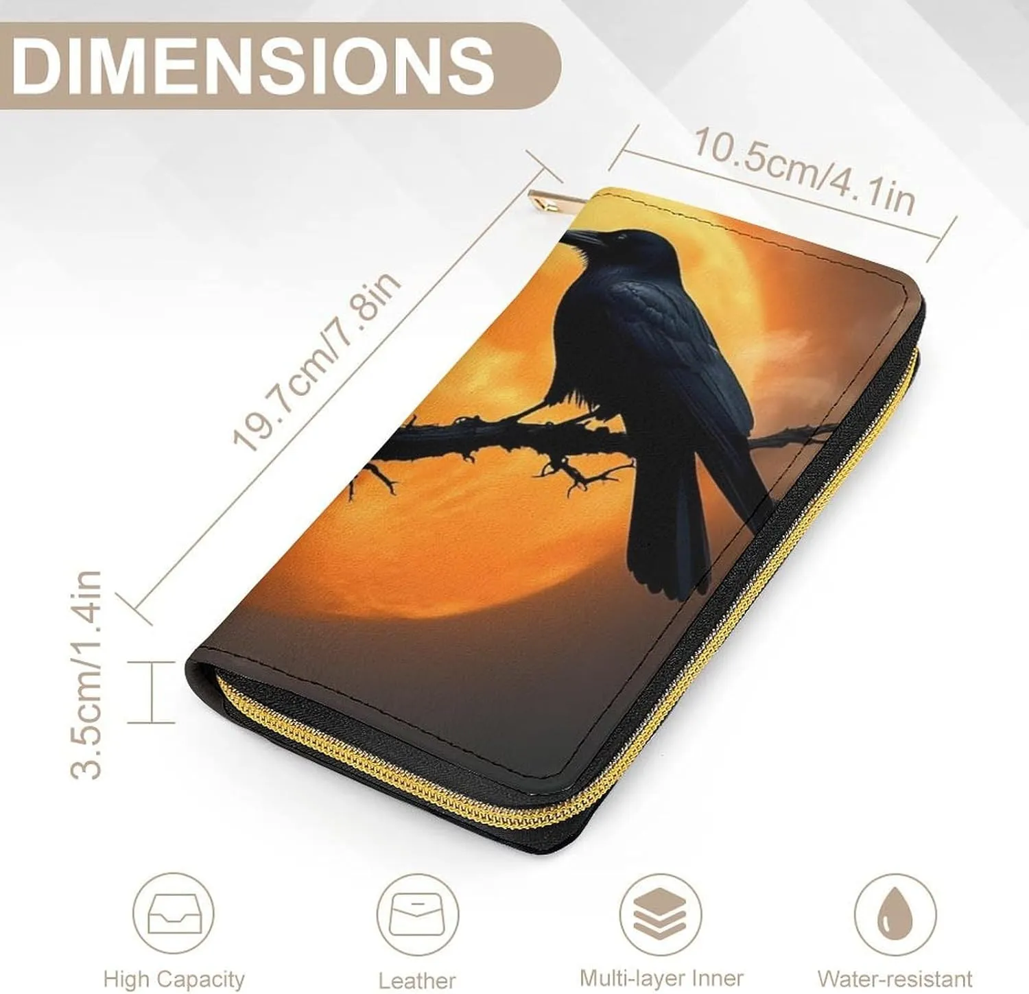 Women's Travel Zipper Purse Fashion Design, Huge Storage Capacity Purse, Cute Decor Wallet, Long PU Wallet Full Moon Black Crow Raven Bird