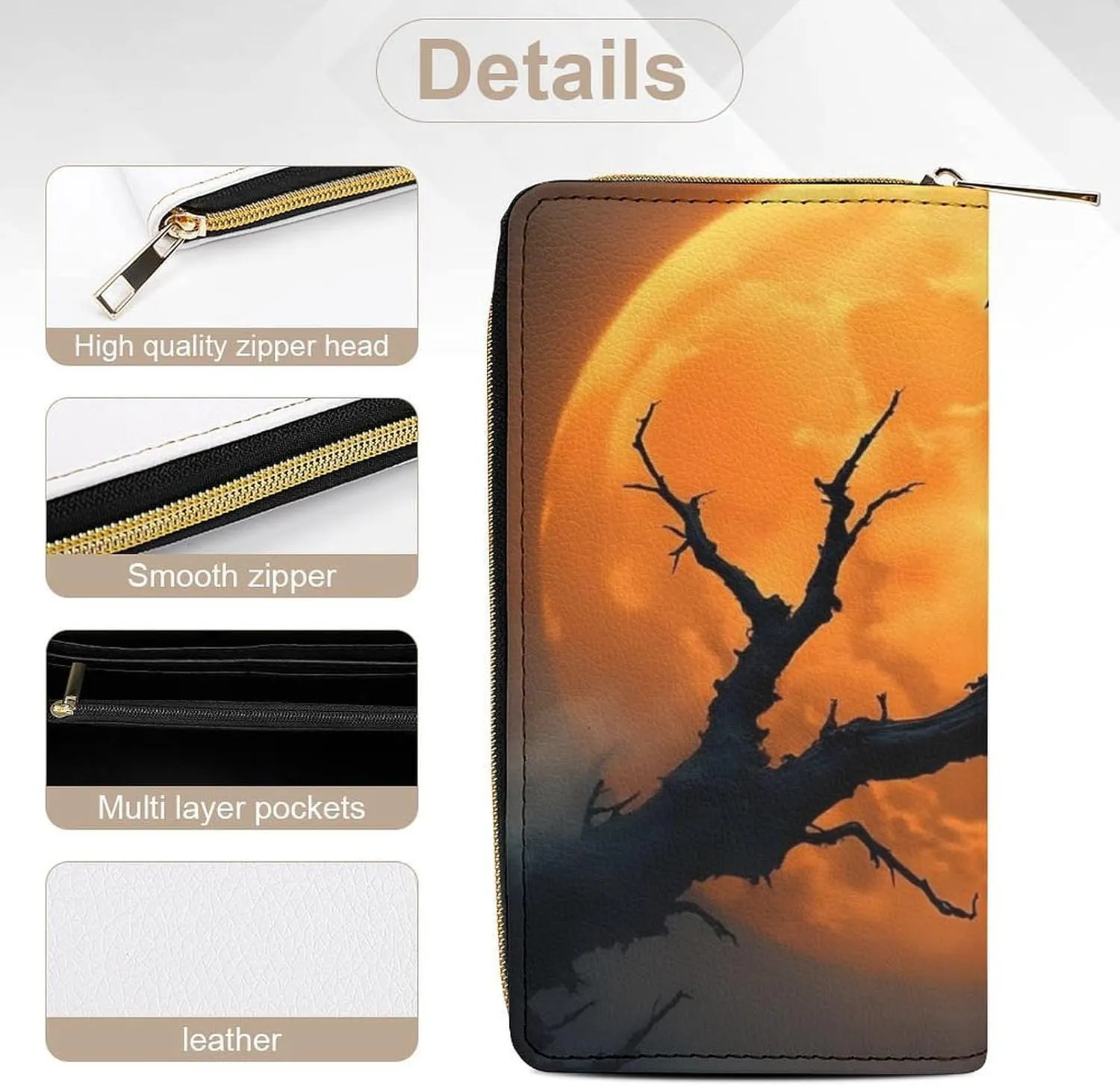 Women's Travel Zipper Purse Fashion Design, Huge Storage Capacity Purse, Cute Decor Wallet, Long PU Wallet Full Moon Black Crow Raven Bird