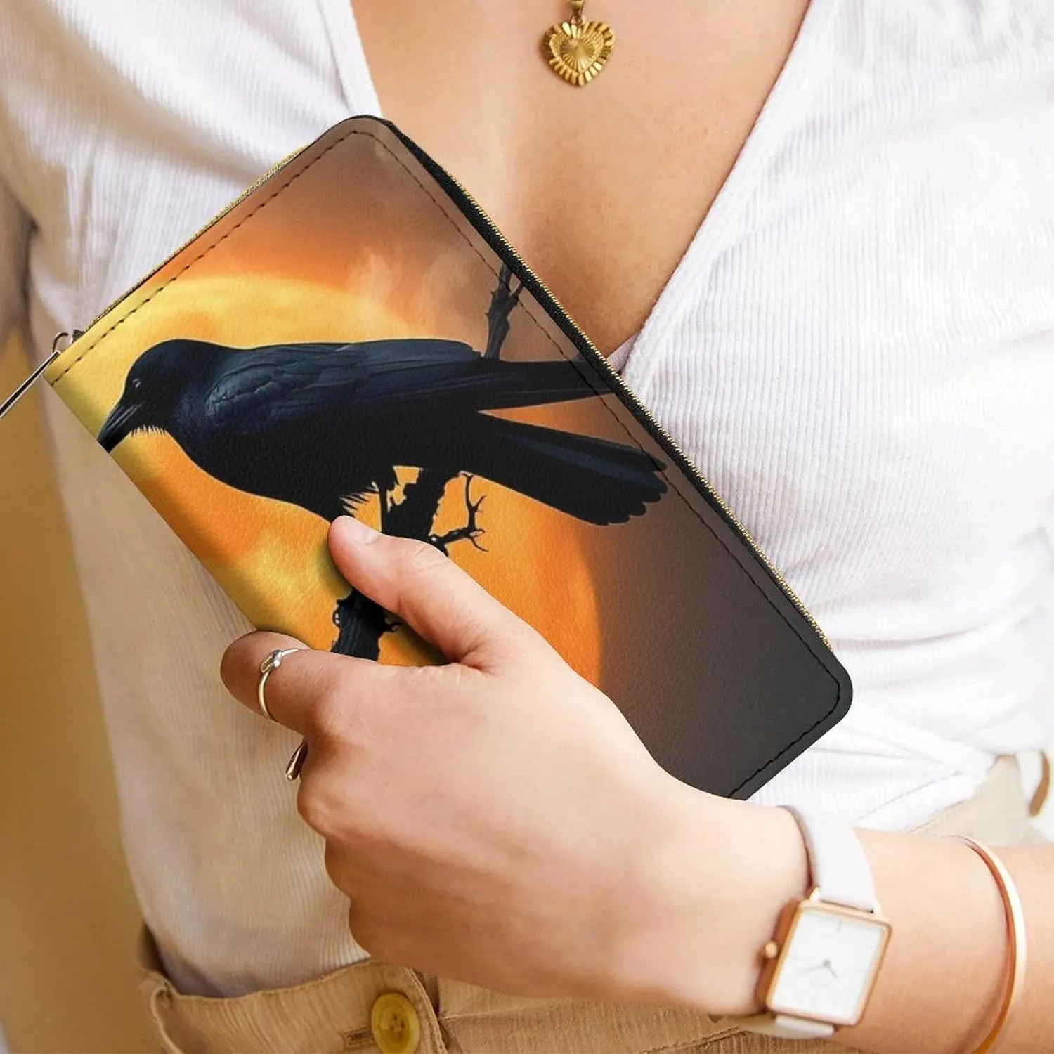 Women's Travel Zipper Purse Fashion Design, Huge Storage Capacity Purse, Cute Decor Wallet, Long PU Wallet Full Moon Black Crow Raven Bird