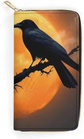 Women's Travel Zipper Purse Fashion Design, Huge Storage Capacity Purse, Cute Decor Wallet, Long PU Wallet Full Moon Black Crow Raven Bird